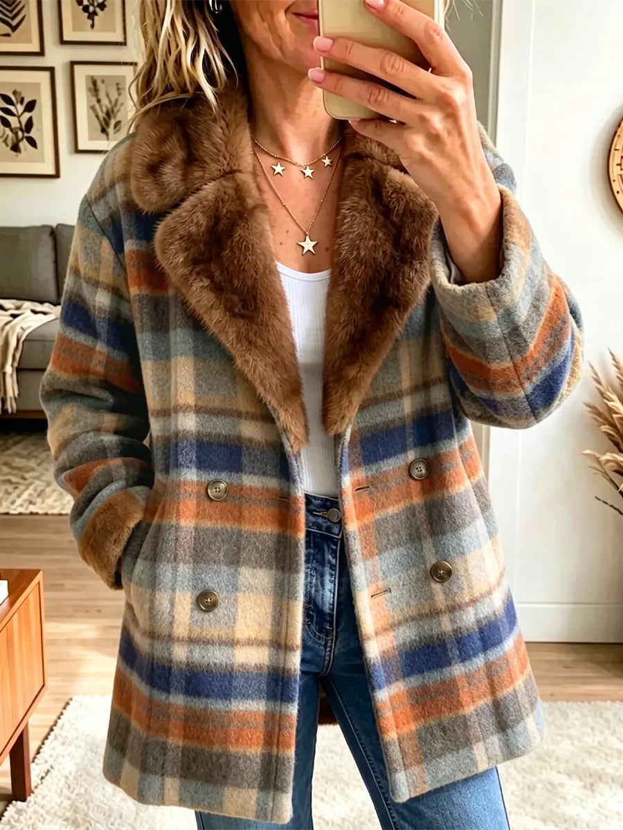 Retro Plaid Pattern Art Casual Fur Patchwork Stylish Long Sleeve Coat