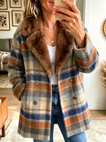 Retro Plaid Pattern Art Casual Fur Patchwork Stylish Long Sleeve Coat