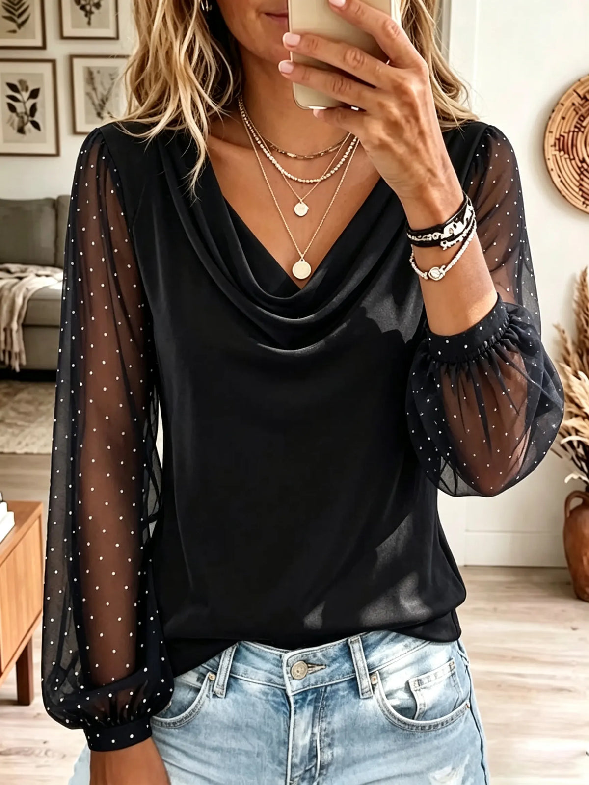 Women's Sheer Polka Dot Sleeve Cowl Neck Top