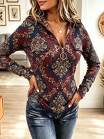 Vintage Floral Pattern Zip Art Casual Stylish Hooded Long Sleeve Top