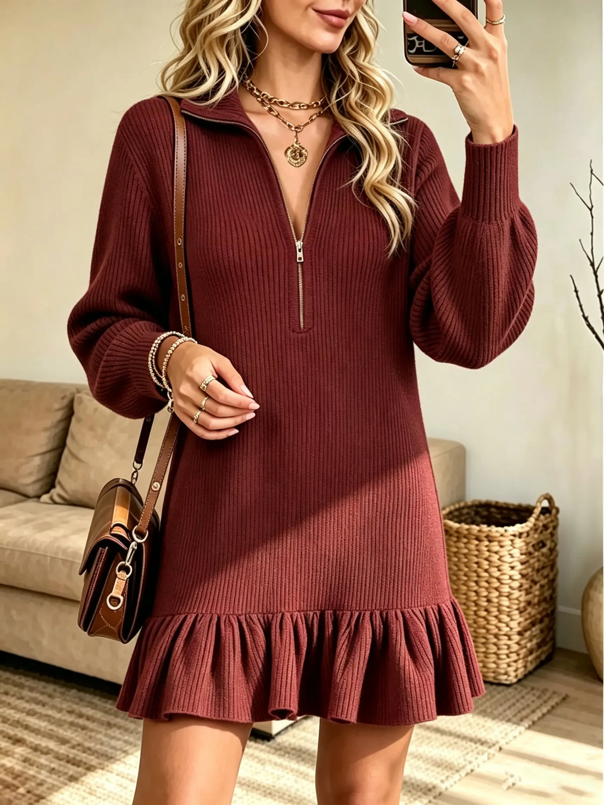 Women's Half-Zip Ruffle Hem Ribbed Sweater Dress