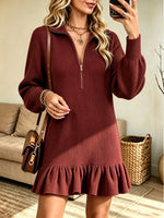 Women's Half-Zip Ruffle Hem Ribbed Sweater Dress