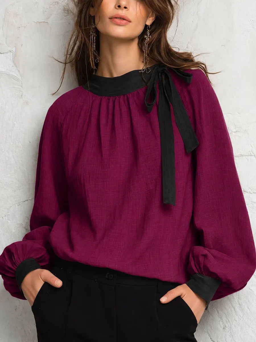 Retro Elegant Bow Color Block Art Casual Stylish Long Sleeve Cotton Linen Shirt