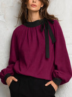 Retro Elegant Bow Color Block Art Casual Stylish Long Sleeve Cotton Linen Shirt