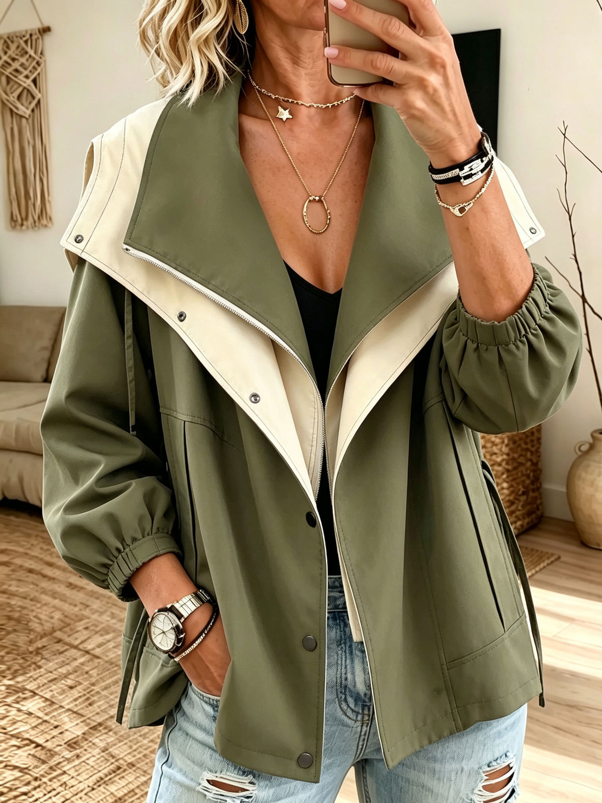 Color Block Lapel Zip Up Windbreaker Jacket, Women Elastic Cuff Casual Outerwear