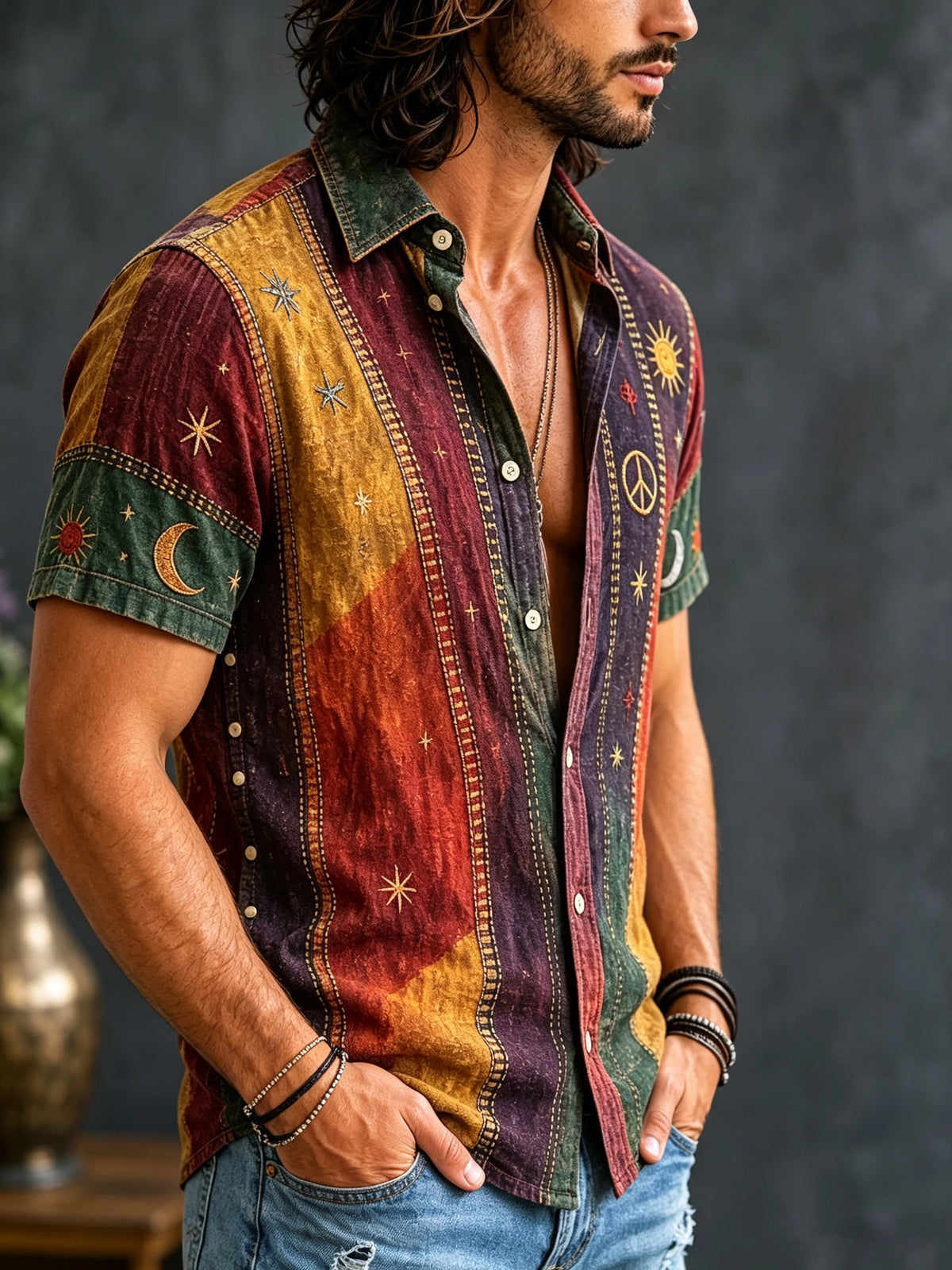 Men's Celestial Stripe Print Button-Up Shirt