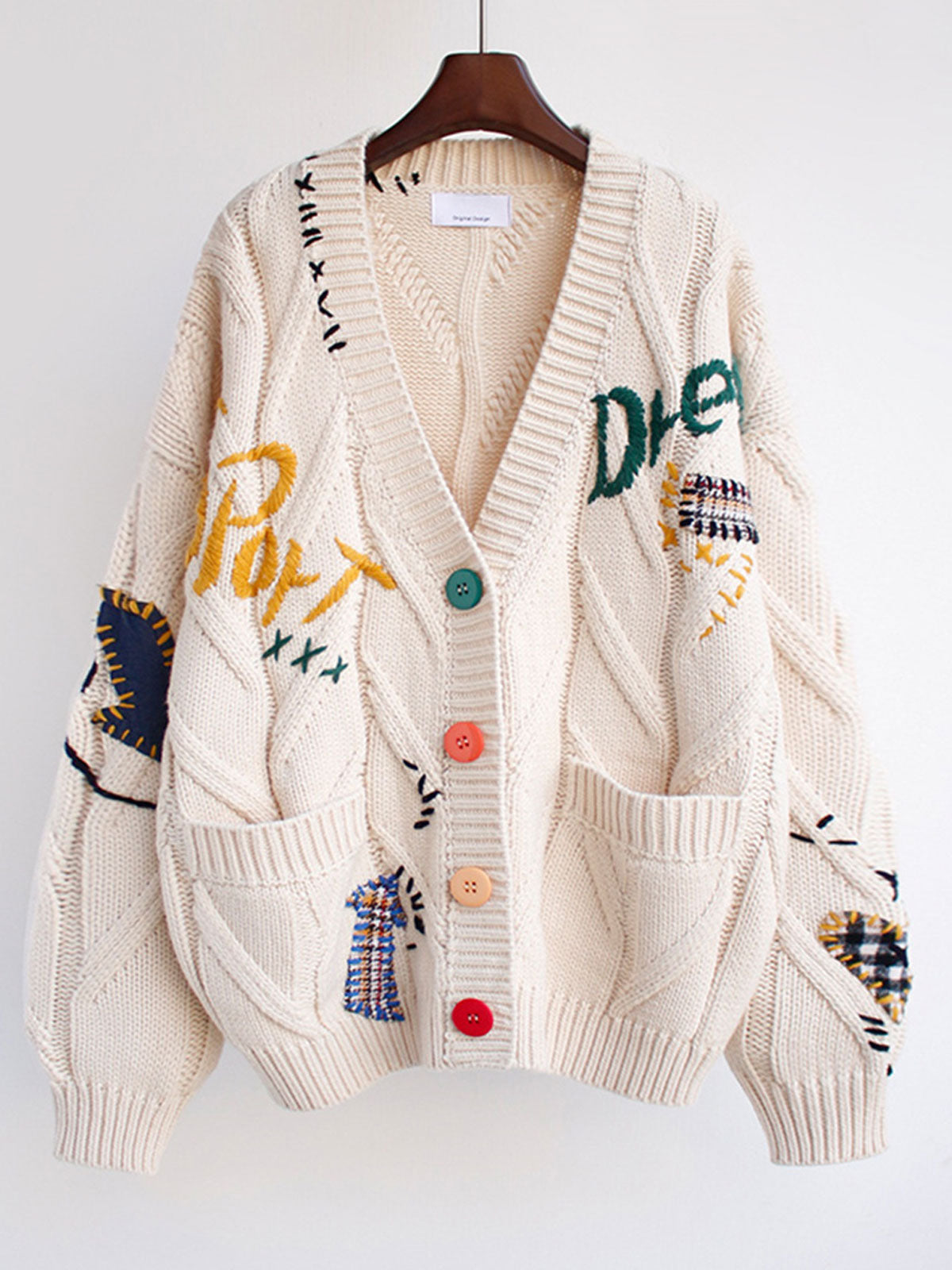 Embroidered Cable Knit Open Front Cardigan, Women Colorful Button Sweater Coat