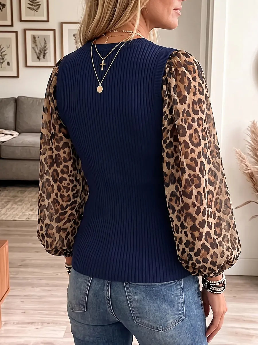 Vintage Elegant Leopard Print Patchwork Knit Shirt