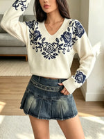 Retro Floral Pattern Art Casual Stylish Long Sleeve Knit Sweater