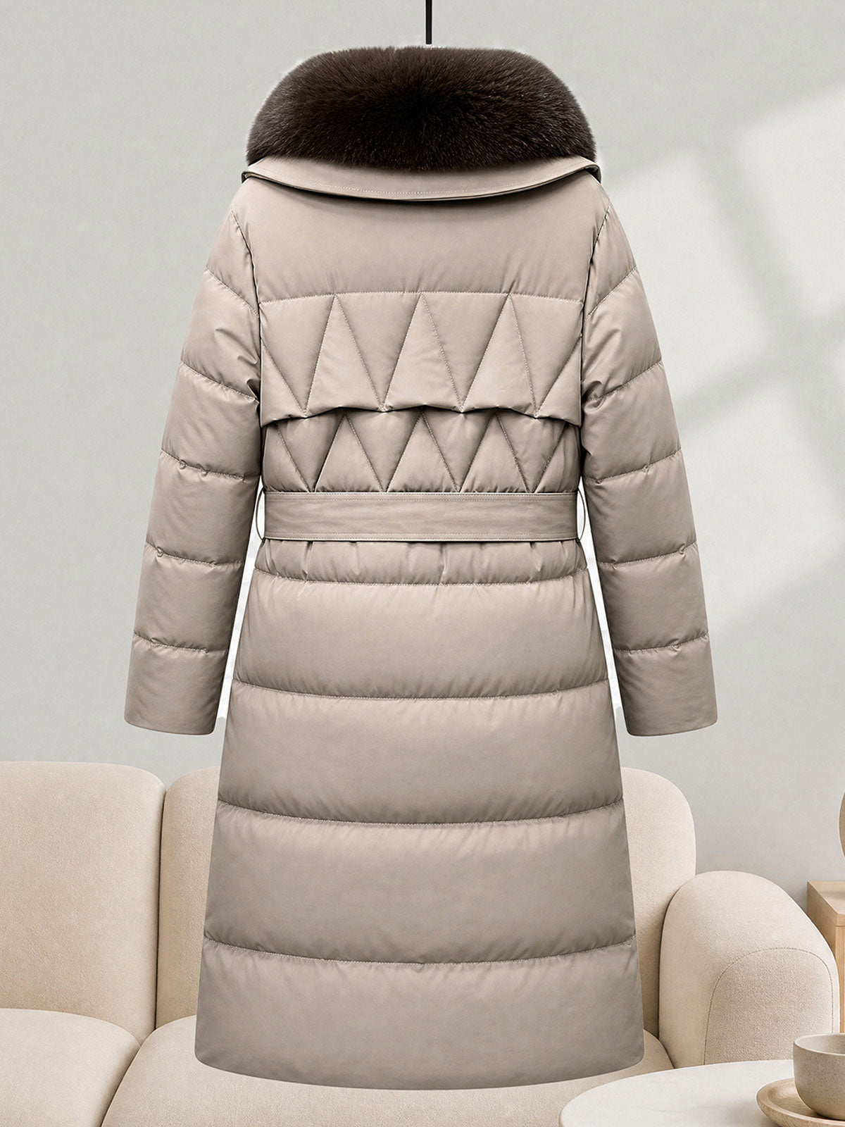 Detachable Faux Fur Hood Belted Long Puffer Coat, Women Winter Warm Quilted Outerwear