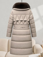 Detachable Faux Fur Hood Belted Long Puffer Coat, Women Winter Warm Quilted Outerwear