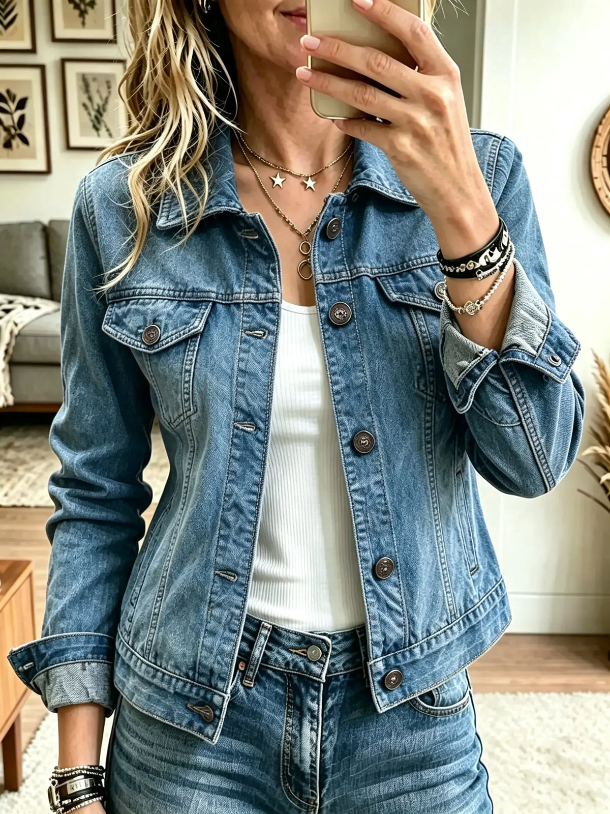 Women's Classic Button-Up Cropped Denim Jacket