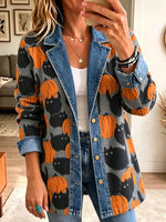 Women Lapel Button Halloween Pumpkin Black Cat Denim Spliced Blazer Jacket Outerwear