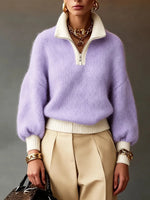 Retro Zip Color Block Art Casual Stylish Long Sleeve Knitted Sweater