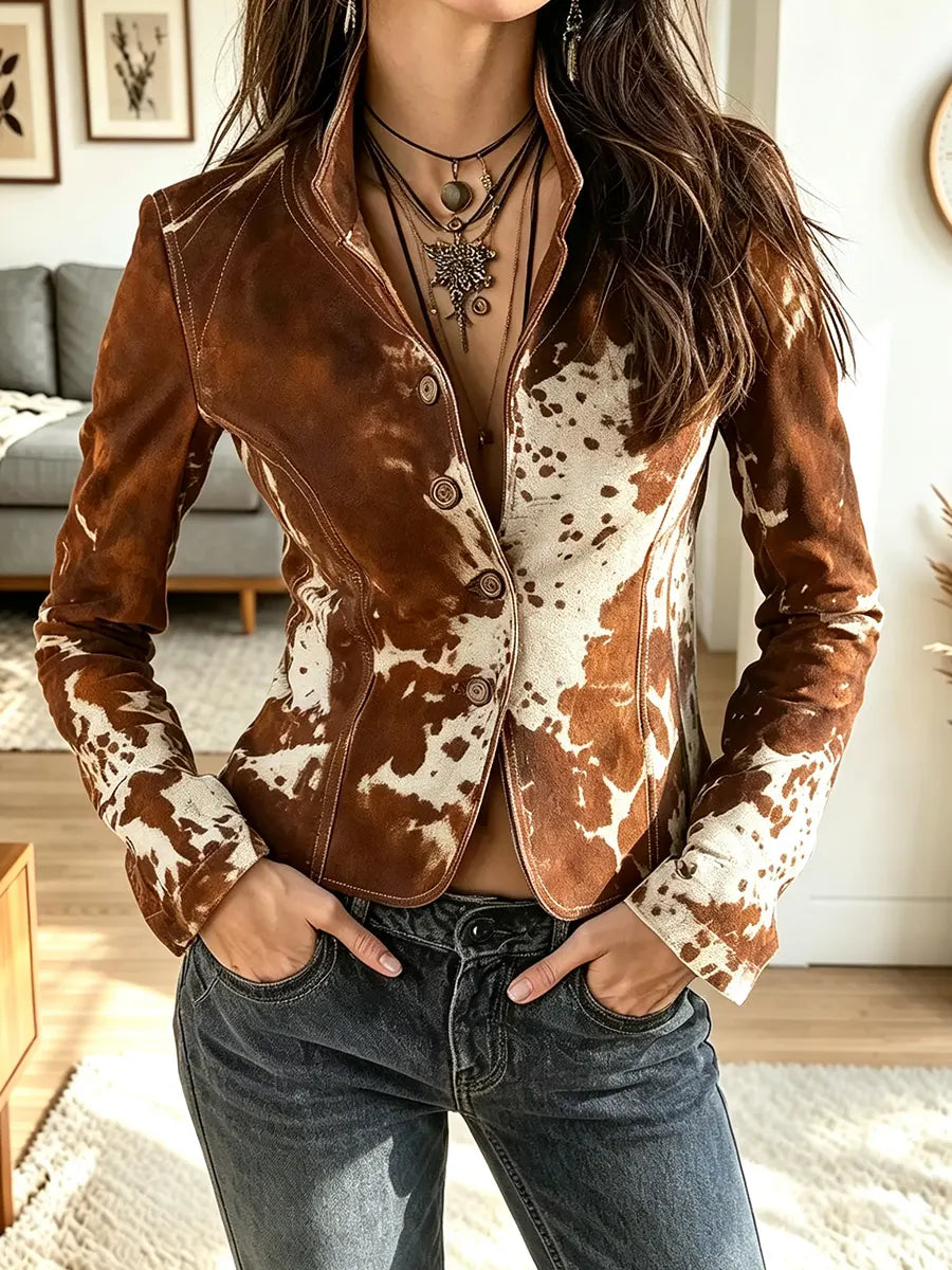 Women's Cow Print Stand Collar Western Jacket