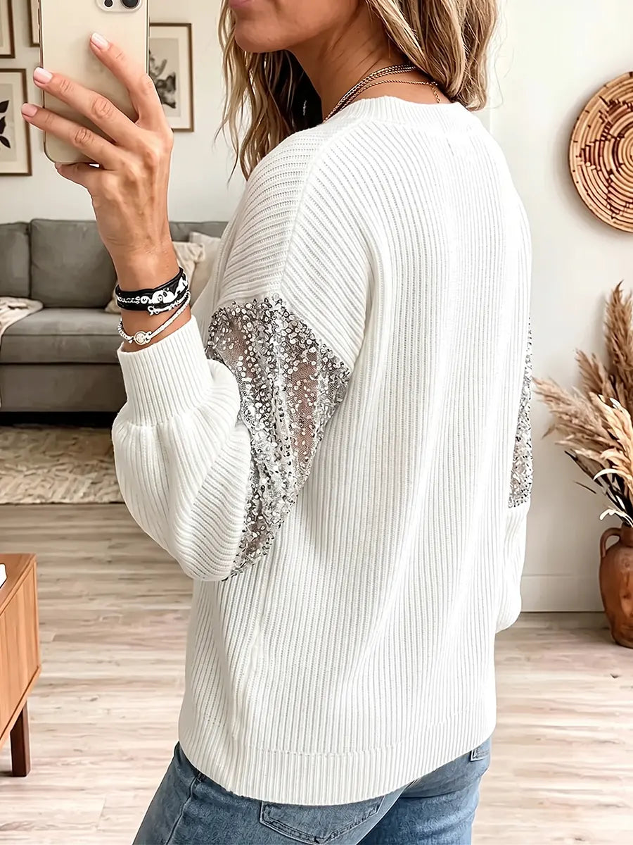 Vintage Elegant Sequin Patchwork Knit Shirt