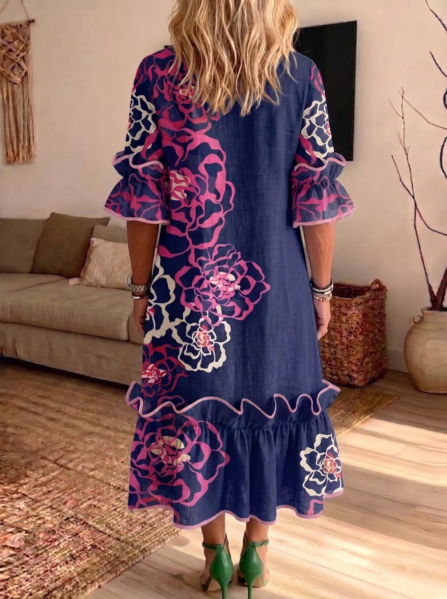 Women Floral Print Ruffle Midi Dress Round Neck 3/4 Flounce Sleeve Loose Casual Dress With Pockets