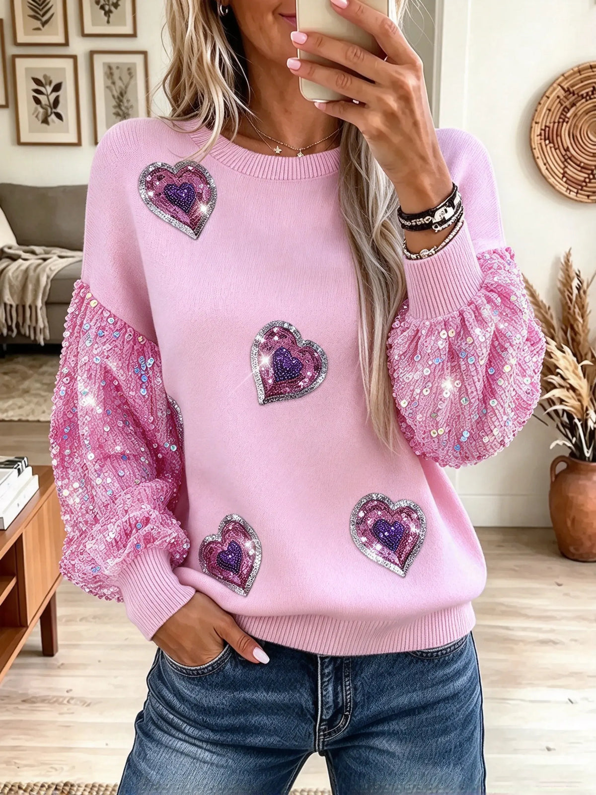 Women's Sequin Heart Applique Knit Sweatshirt