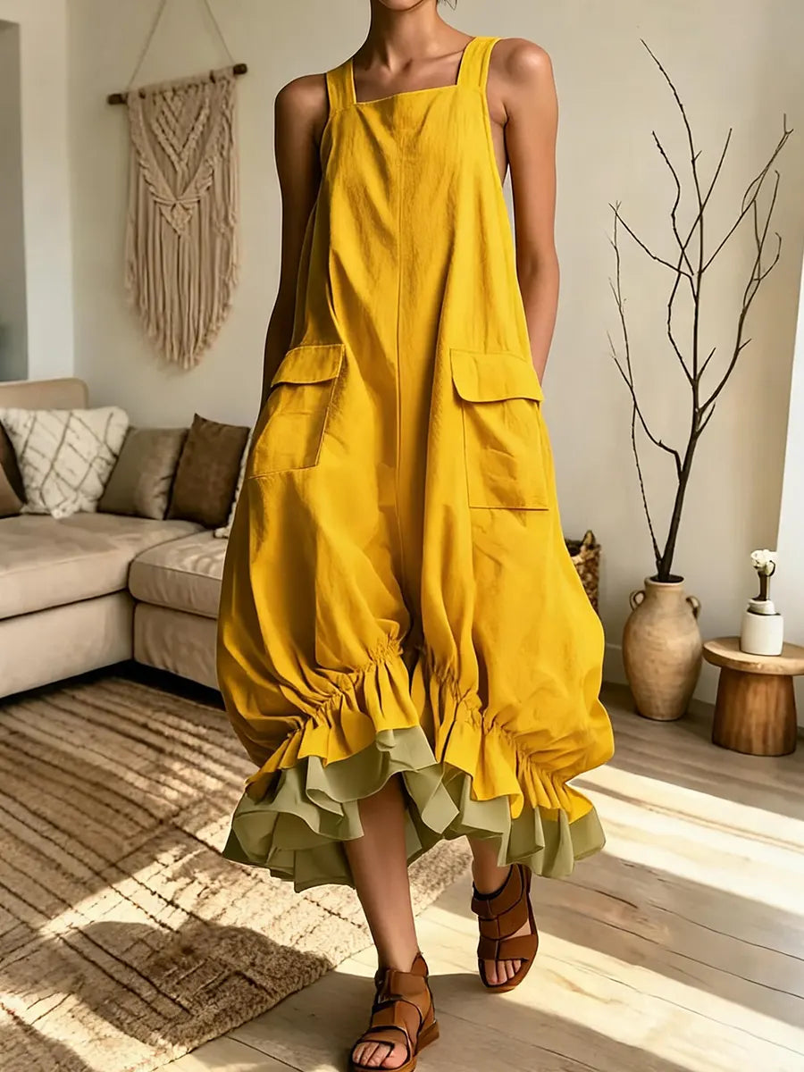 Women Boho Pinafore  Sleeveless Square Neck Loose Overall Dress