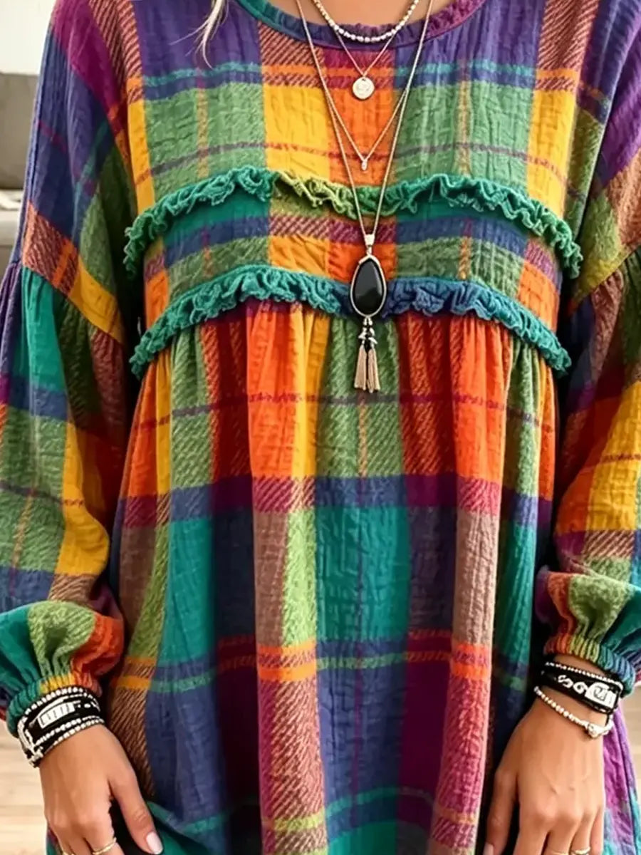 Retro Plaid Pattern Art Print Casual Stylish Long Sleeve Cotton Linen Shirt