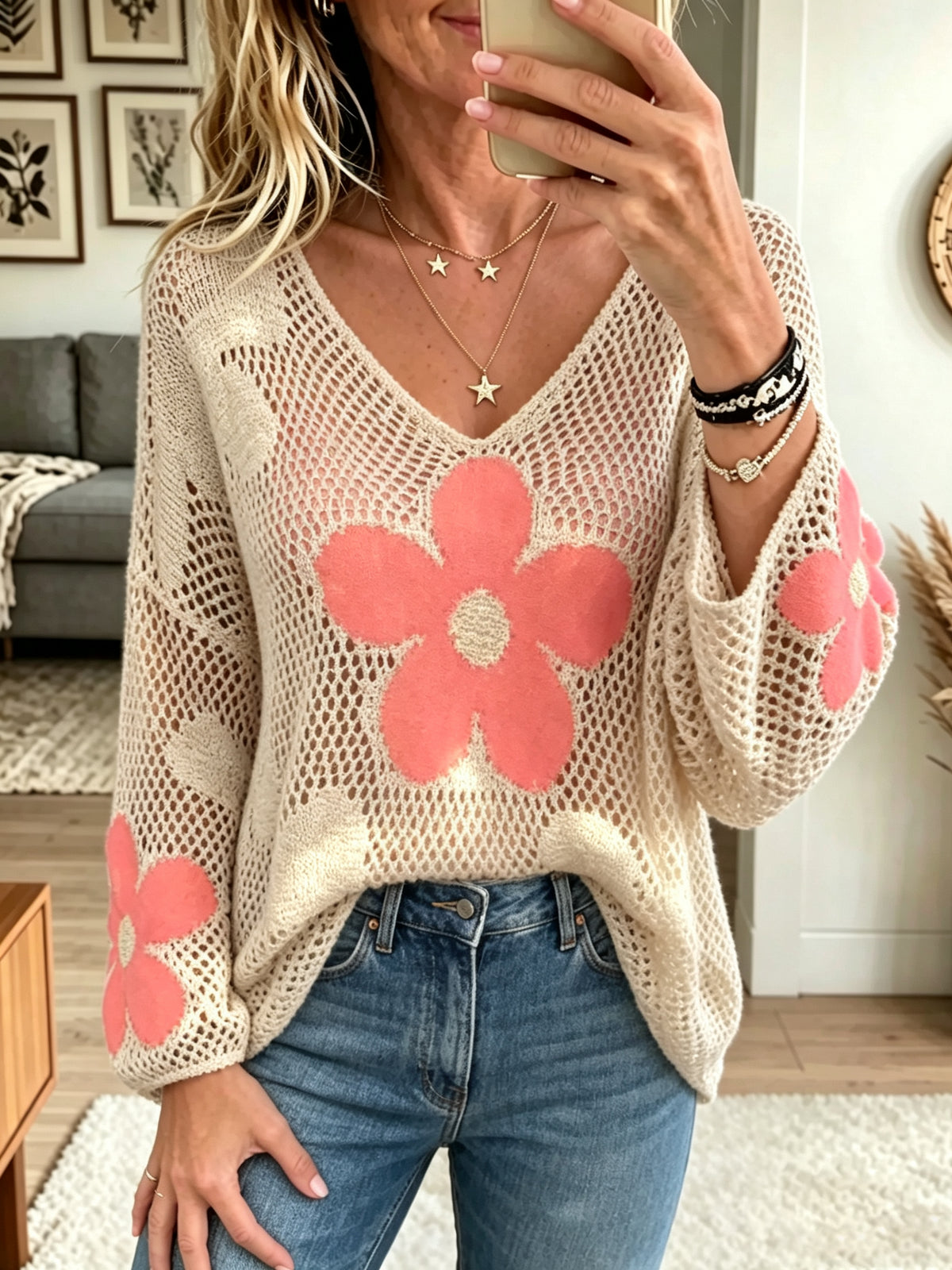 Women's Floral Knit V-Neck Sweater