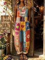Women's Patchwork Heart Daisy Print One Shoulder Overall Jumpsuit