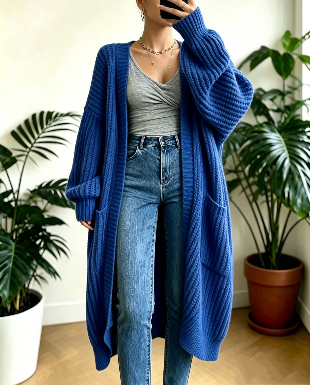 Oversized Long Open Front Knit Cardigan Women Chunky Sweater Coat With Pockets