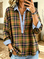 Women Fall Green Plaid Striped Contrast Henley Collar Long Sleeve Blouse