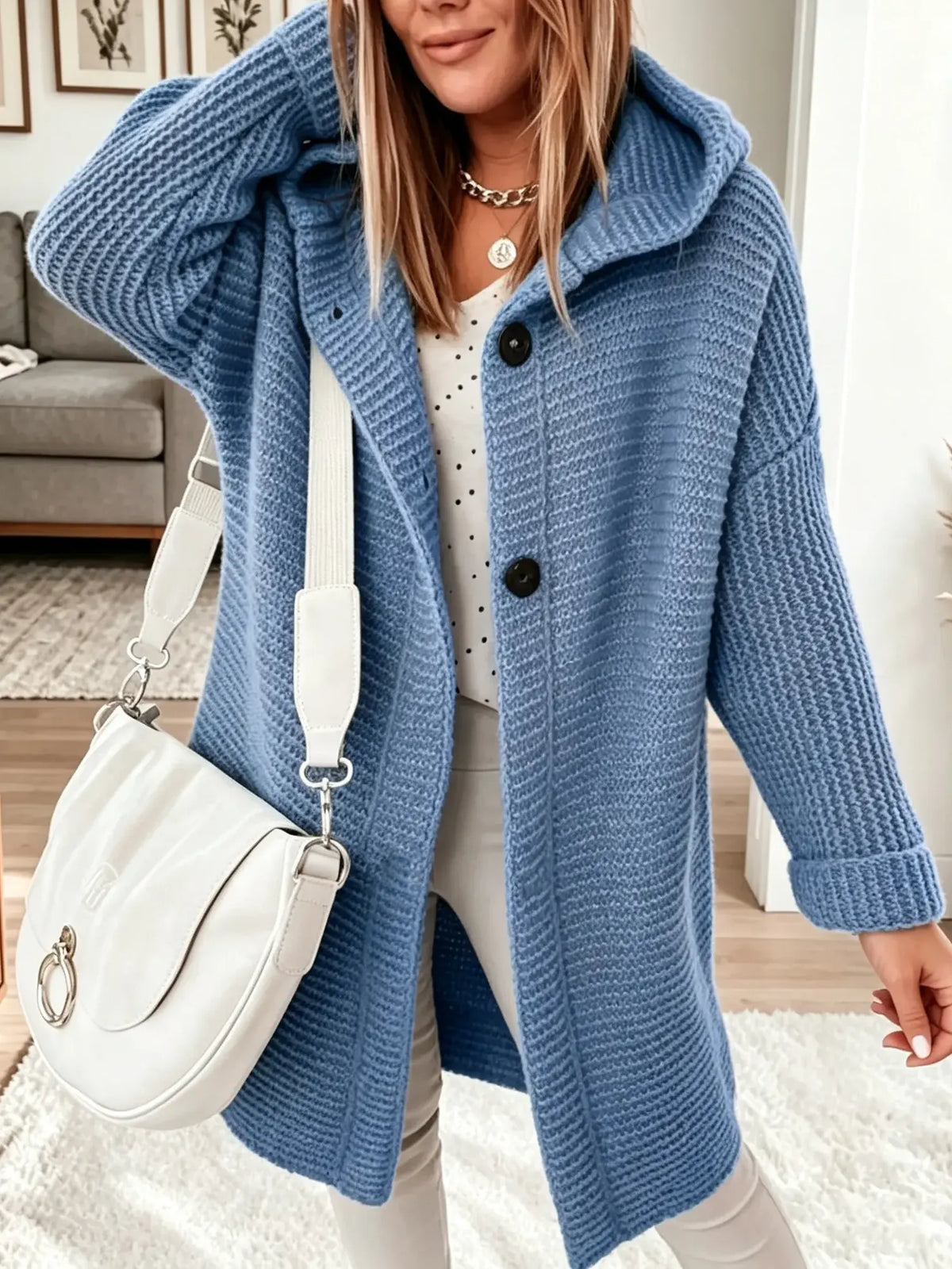 Women's Hooded Knit Button-Down Midi Cardigan