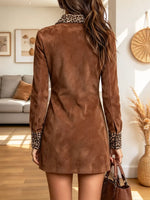 Vintage Elegant Leopard Lapel Art Suede Casual Stylish Long Sleeve Mini Dress