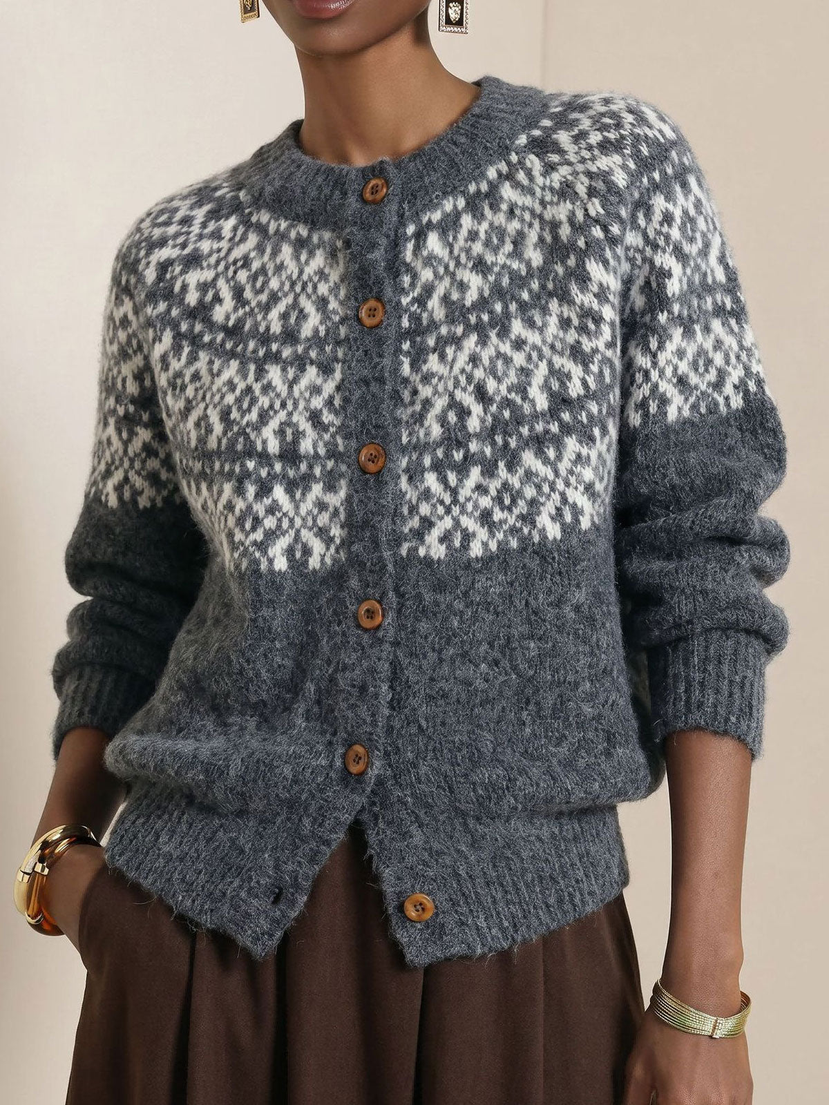 Women Crew Neck Button‑front Long Sleevefair Isle Pattern Knit Cardigan Sweater