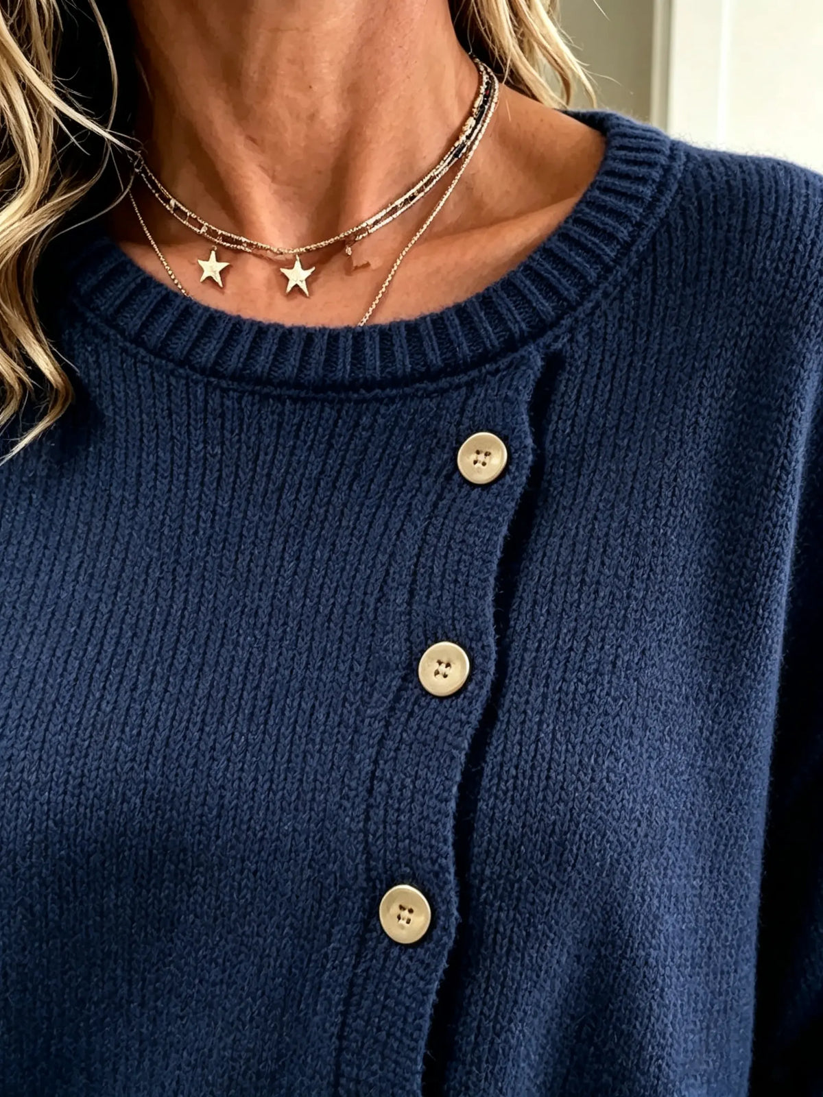 Women's Asymmetrical Button Crewneck Knit Sweater