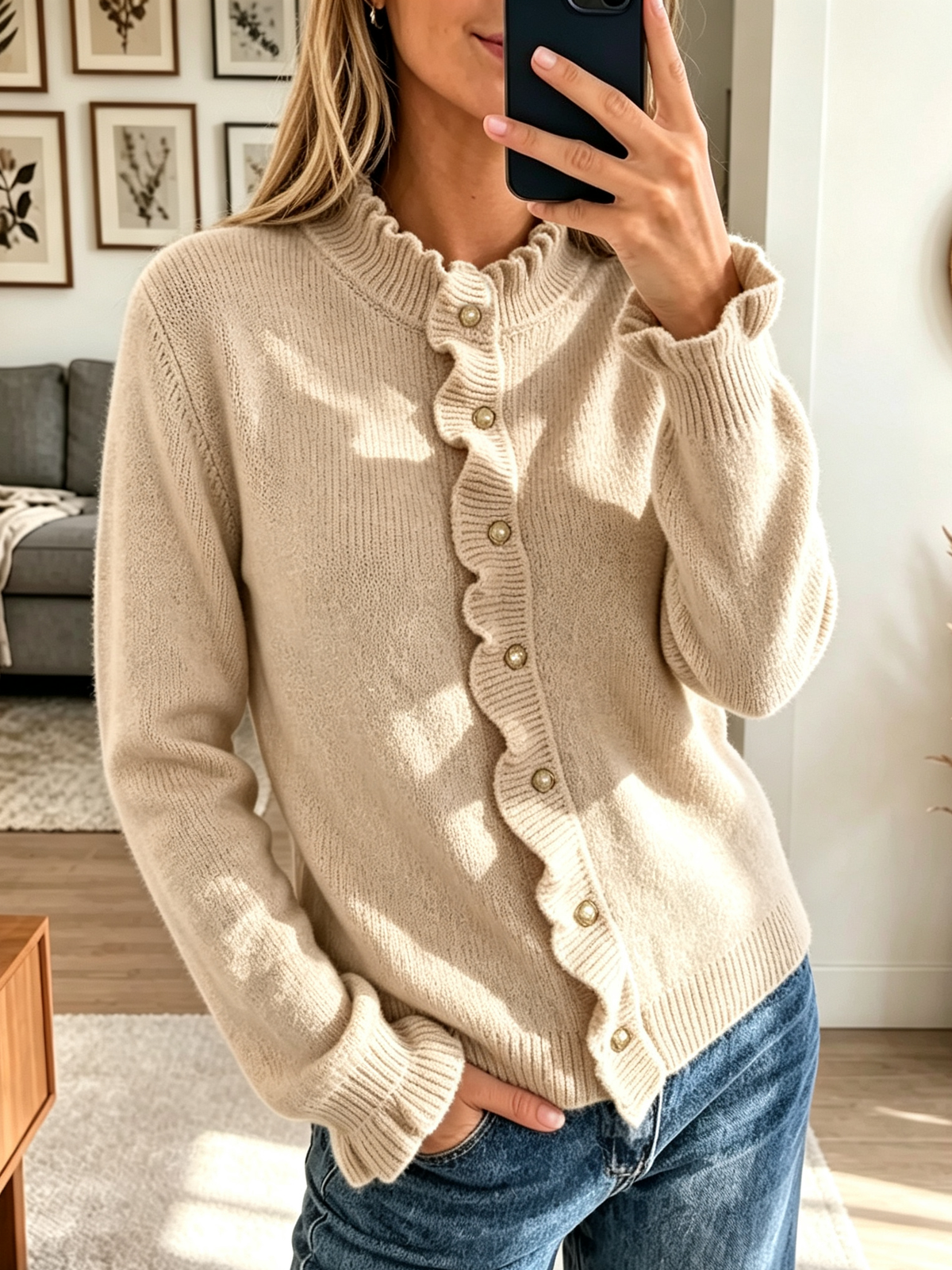Women's Scalloped Ruffle Trim Knit Cardigan