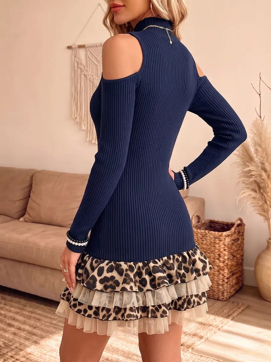 Women's Vintage Elegant Knitted Openwork Leopard Print Ruffled Patchwork Dress