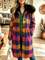 Colorful Plaid Faux Fur Collar Wool Blend Coat, Women Single Breasted Midi Outerwear