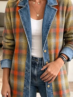 Retro Plaid Pattern Art Casual Denim Patchwork Stylish Long Sleeve Coat