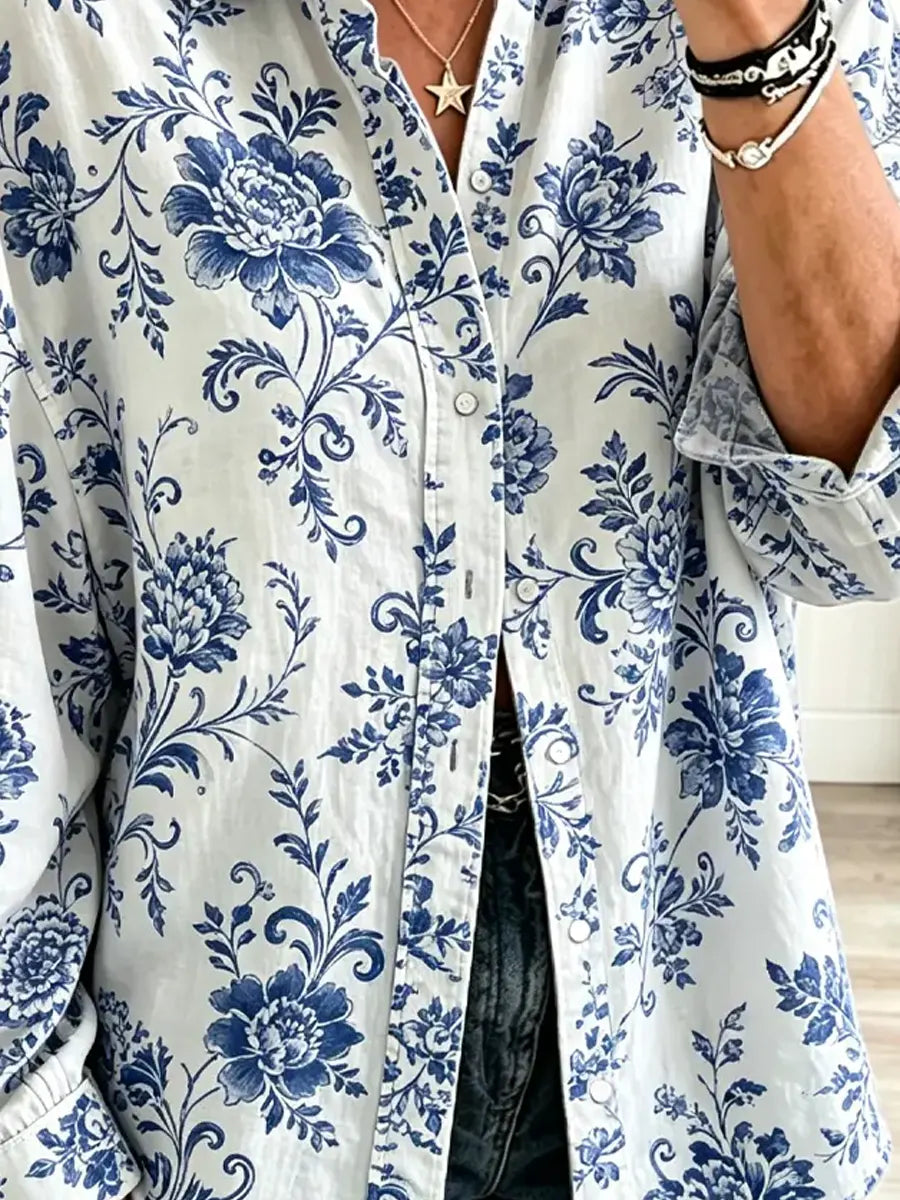 Retro Floral Pattern Art Print Casual Stylish Long Sleeve Cotton Linen Shirt