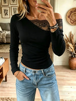 Women's Lace Trim Asymmetrical Ribbed Top