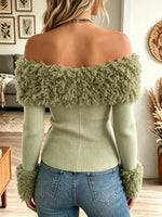 Women's Off-the-Shoulder Fuzzy Trim Ribbed Sweater