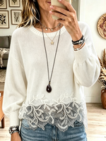 Women's Scalloped Lace Hem Crewneck Sweater