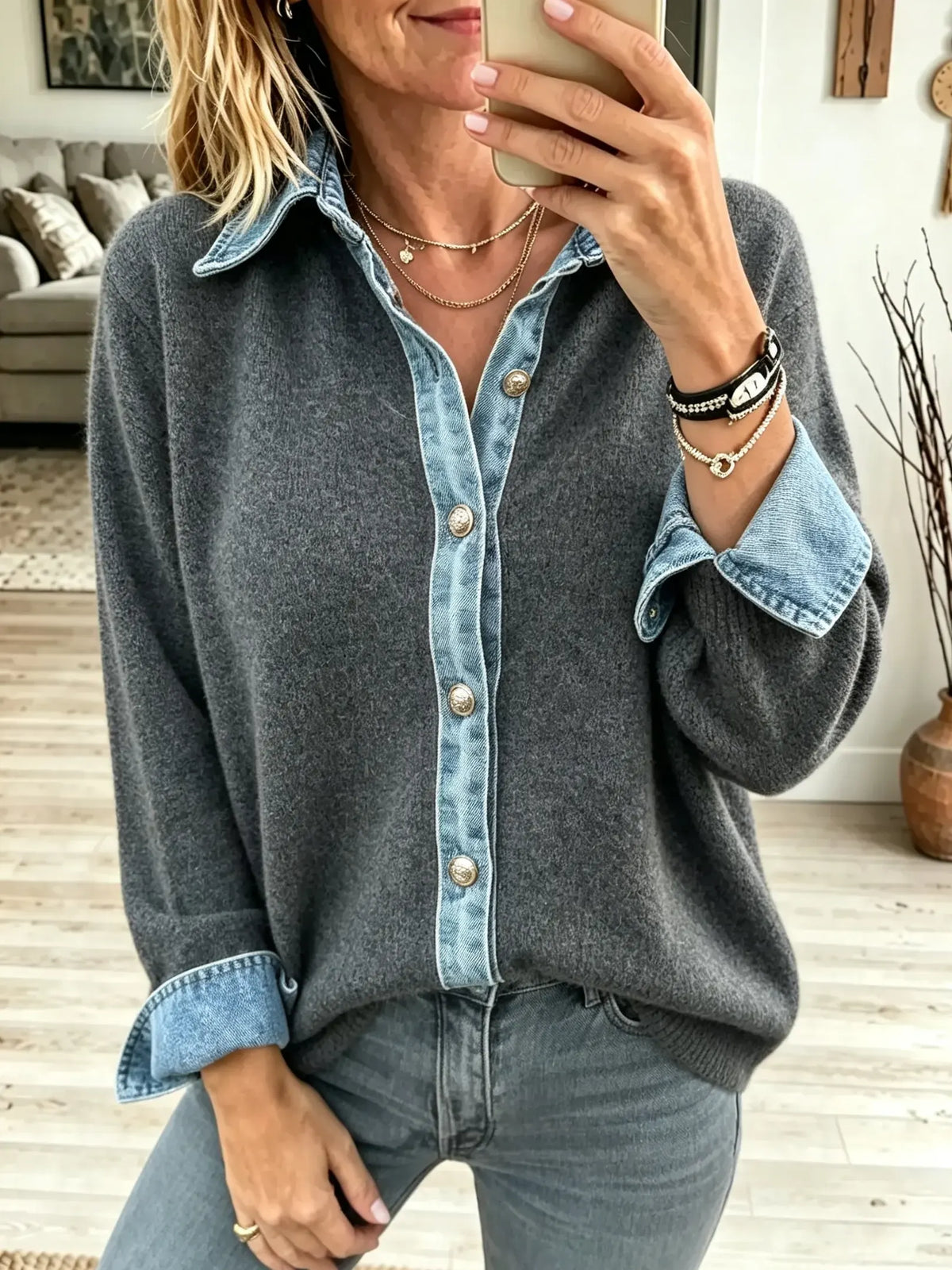 Women's Denim Trim V-Neck Knit Top