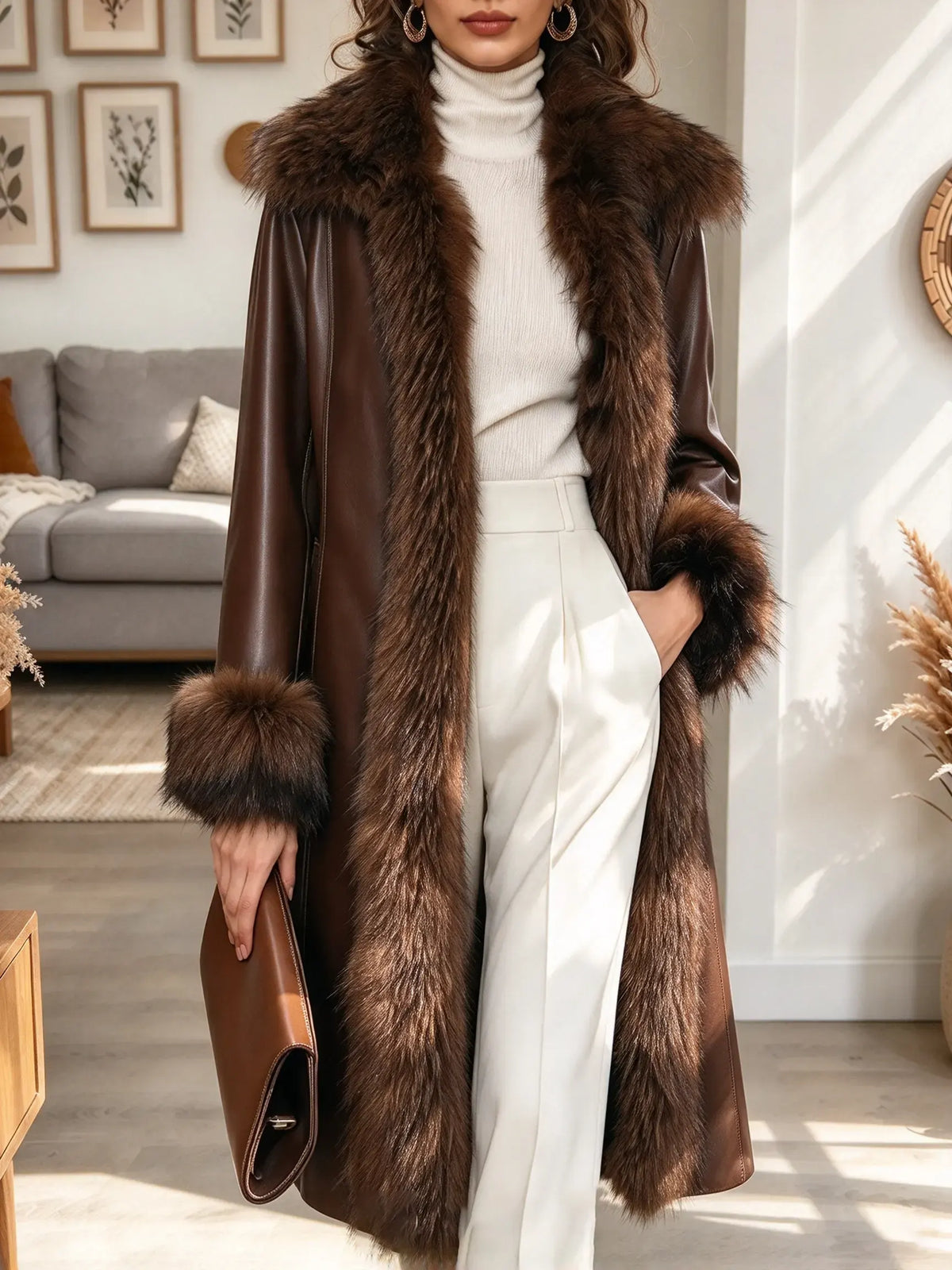 Women's Faux Fur Trim Faux Leather Long Trench Coat