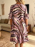 Colorful Zebra Stripe Ruffle Sleeve Midi Dress With Pockets