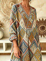 Women's Ethnic Geometric Diamond Print V-Neck Maxi Dress