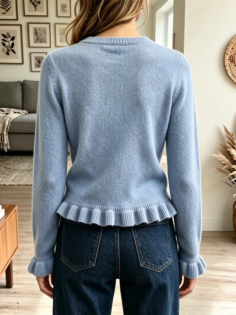Retro Ruffle Round Neck Art Casual Stylish Long Sleeve Knitted Sweater