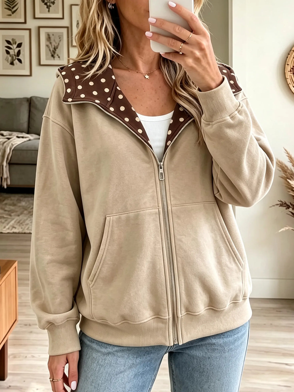 Women's Polka Dot Trim Full-Zip Hoodie
