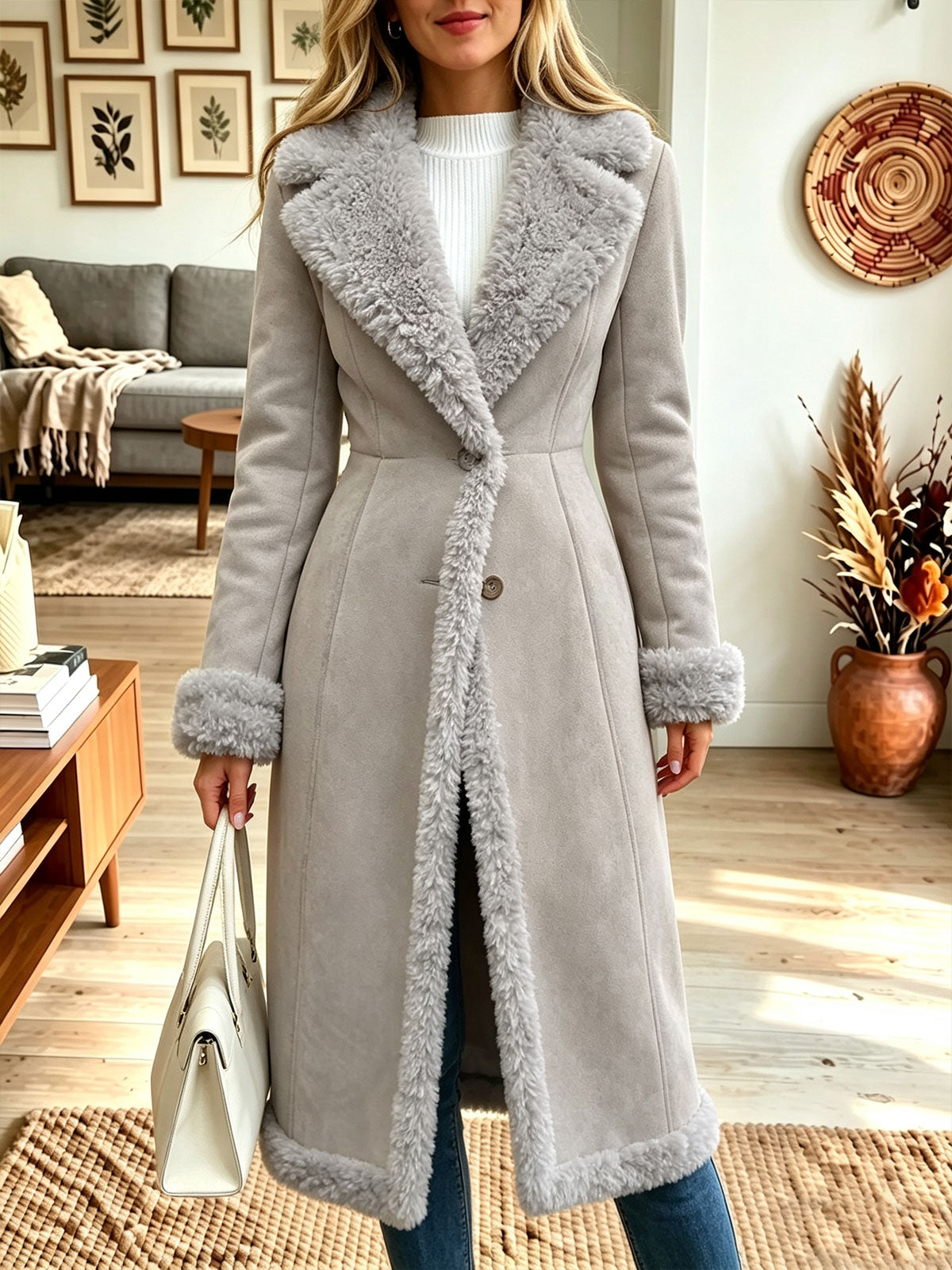 Women Faux Shearling Trim Long Coat, Lapel Single‑Button Winter Outerwear