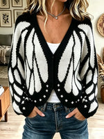 Retro Butterfly Pattern Art Casual Stylish Long Sleeve Knitted Cardigan Sweater