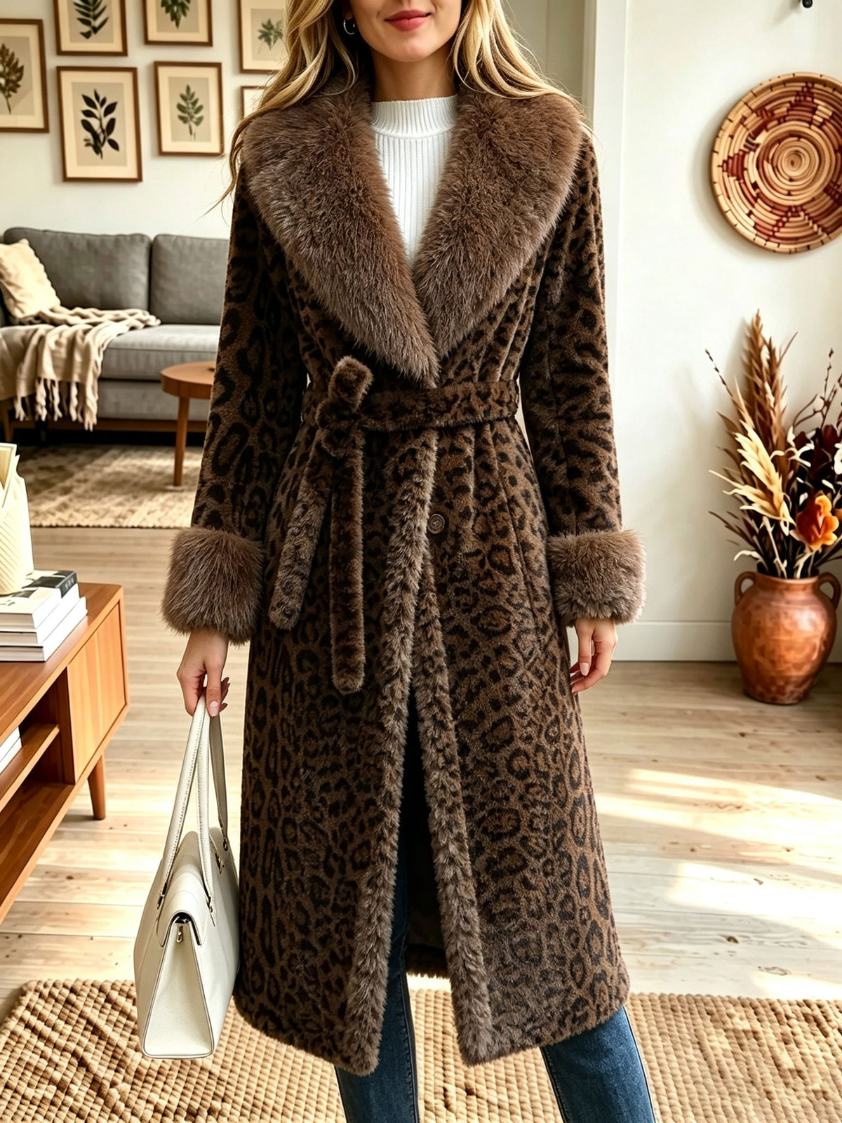 Women Waist‑tie Winter Leopard Print Faux Fur Collar Belted Long Coat Outerwear