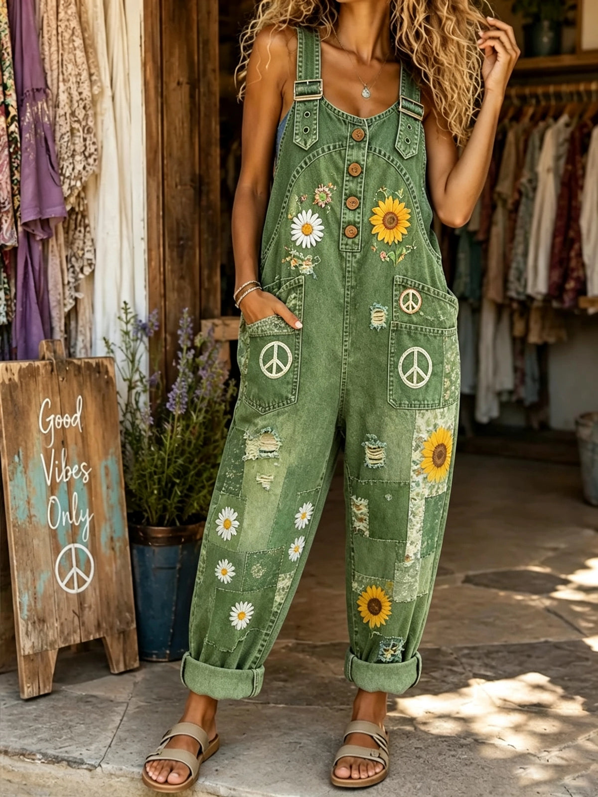 Women's Distressed Floral Peace Print Overalls